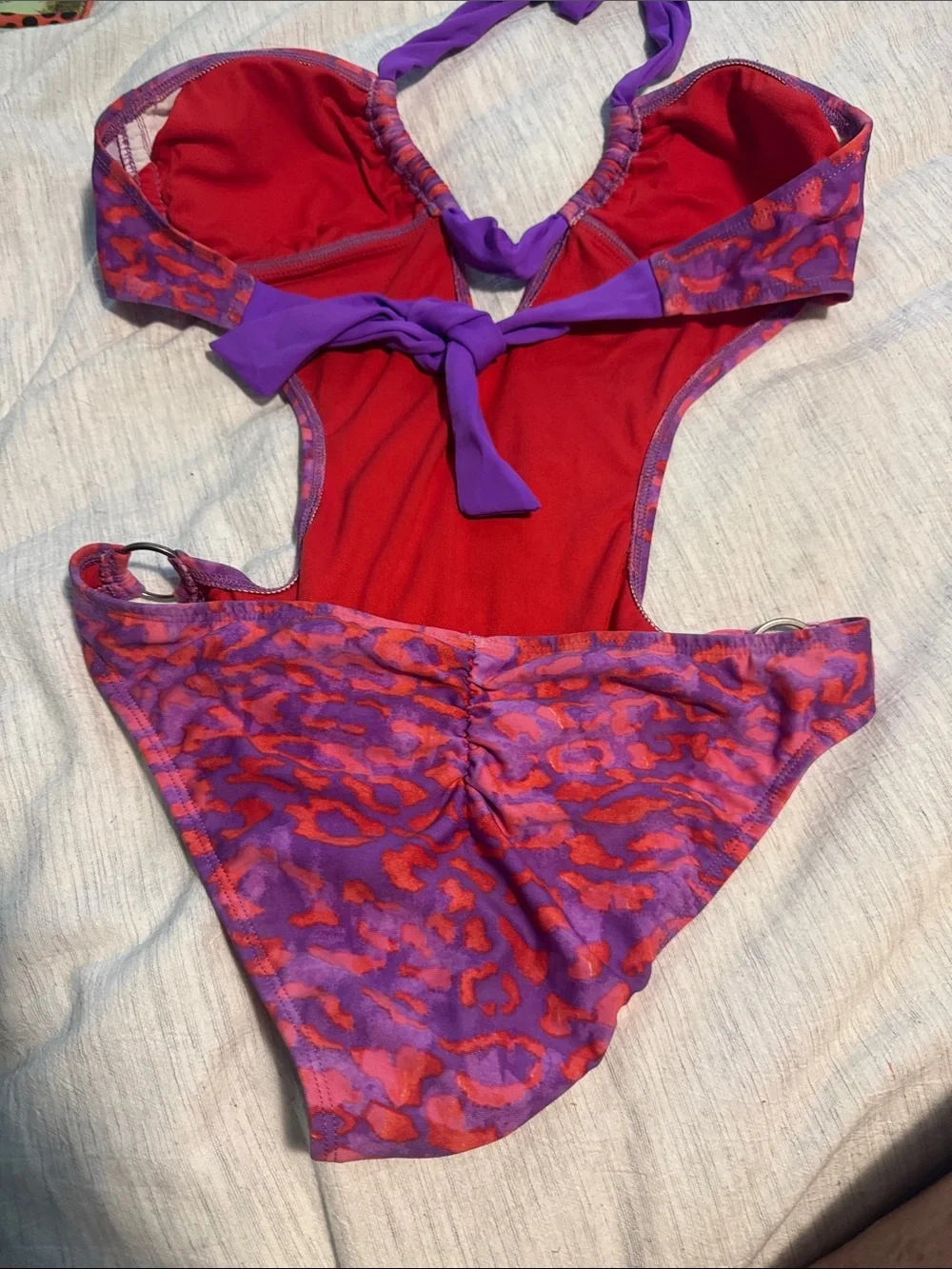 Women’s Purple & Red One-Piece Swimsuit - Stylish Cutout Design